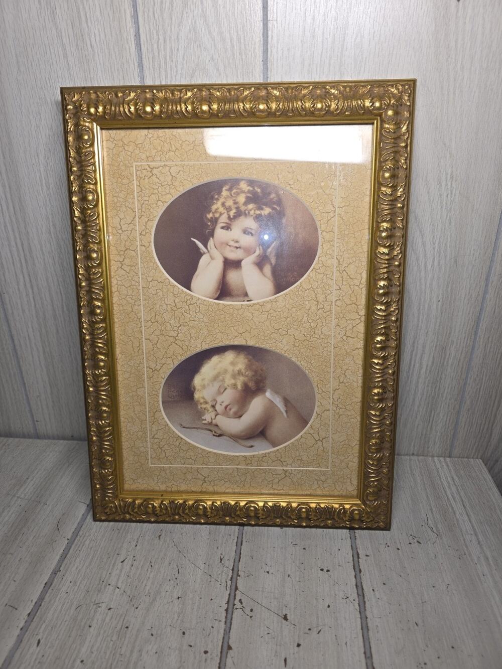 Vintage Double Cherub Angel Cupid Art Print Ornate Gold Gilt Frame Religious